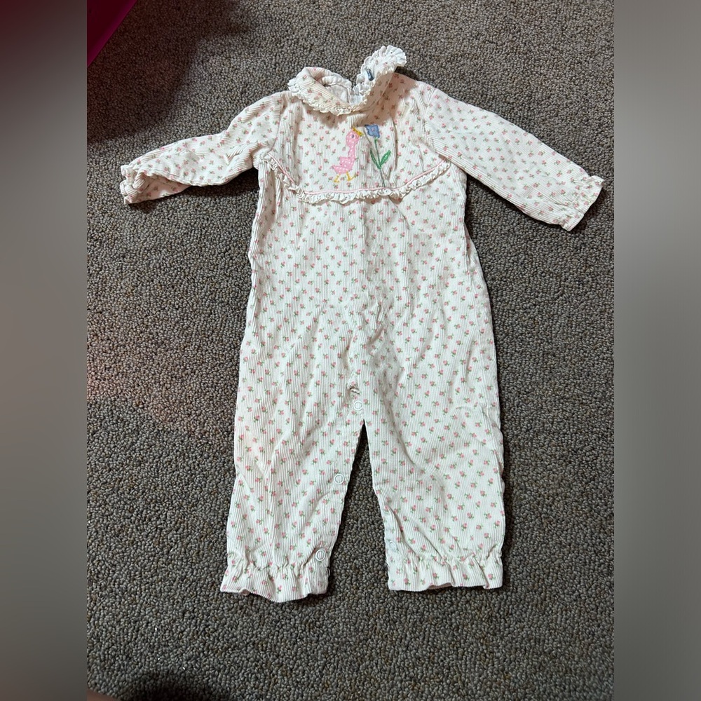 Vintage Floral Baby Duck Outfit with Ruffle Collar 6/9 Months